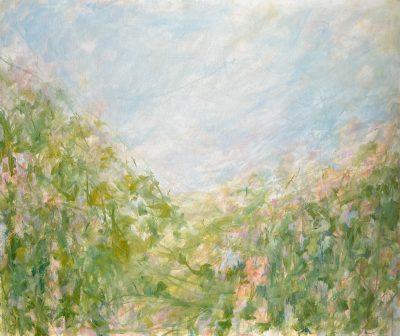 Beyond The Hedgerow 76 x 100cm. Original painting on canvas in acrylics depicting a hedgerow under a blue sky