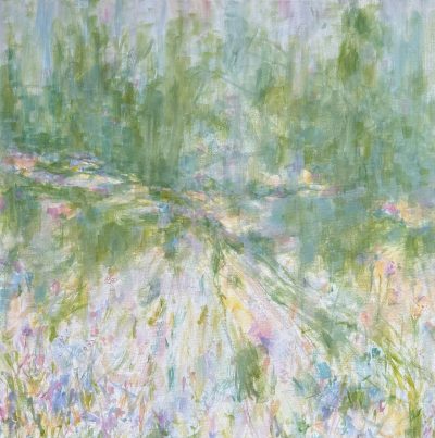 Full image of original painting on canvas of an abstract landscape representing the promise of spring colours