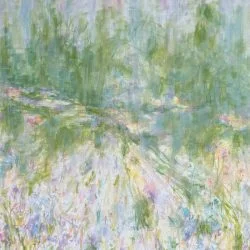 Full image of original painting on canvas of an abstract landscape representing the promise of spring colours